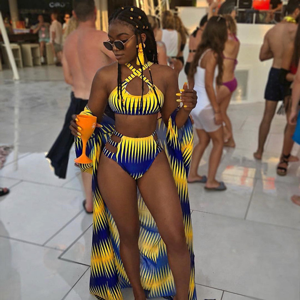 Conjunto de Bikini a Rayas de Cintura Alta 2019