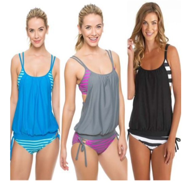 Traje de baño de dos piezas a rayas para mujer en varios colores.
