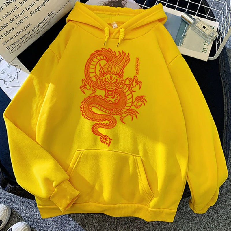Sudaderas con Capucha para Parejas en Colores de Caramelo con Diseño de Dragón Estampado
