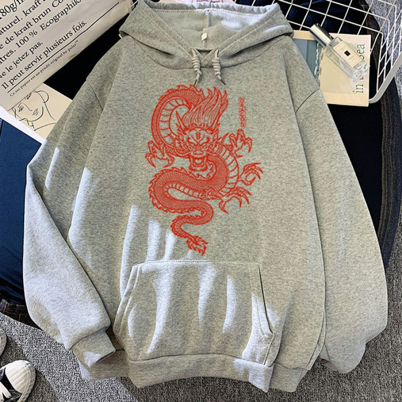 Sudaderas con Capucha para Parejas en Colores de Caramelo con Diseño de Dragón Estampado