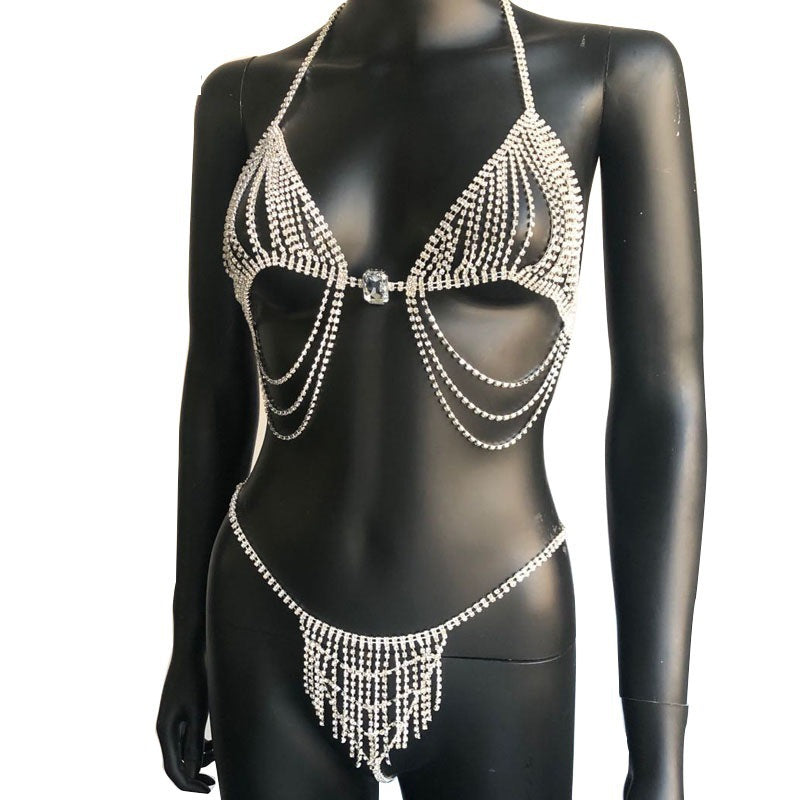 Conjunto de bikini con cadena corporal de pedrería brillante