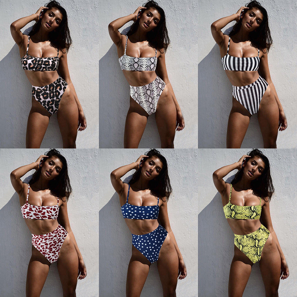 Conjunto de bikini de talle alto de color liso para mujer