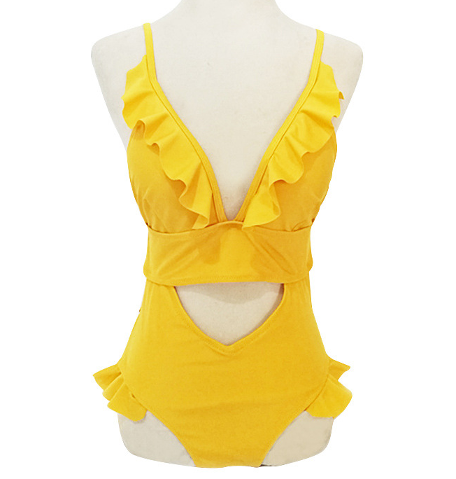 Conjunto de Traje de Baño de Una Pieza y Bikini con Encaje Amarillo