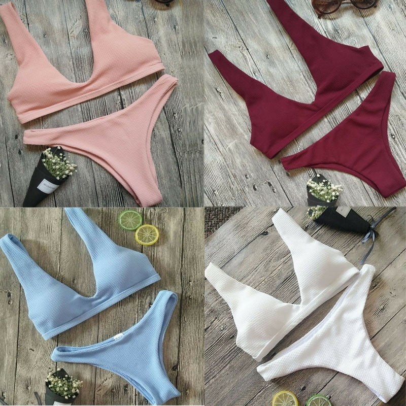 40 Traje de baño bikini sexy de color liso para mujer