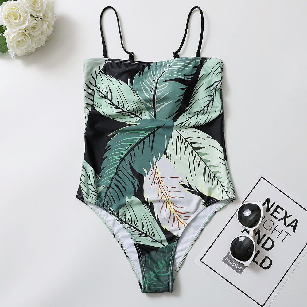 Traje de baño de una pieza sexy con estampado de hojas verdes 2019