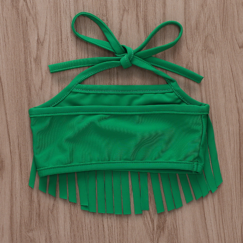 Conjunto de traje de baño infantil con estampado de piña y tirantes con borlas