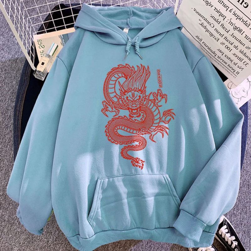 Sudaderas con Capucha para Parejas en Colores de Caramelo con Diseño de Dragón Estampado