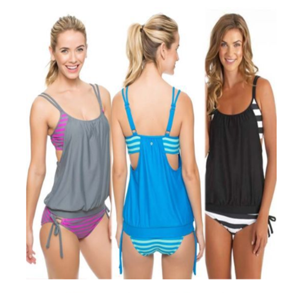 Traje de baño de dos piezas a rayas para mujer en varios colores.
