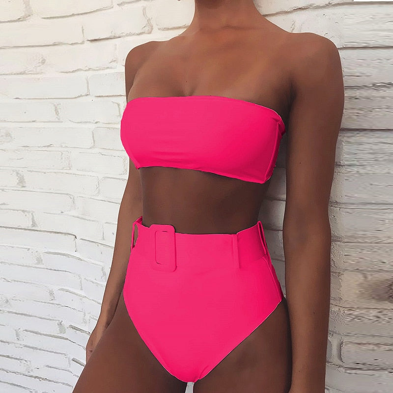 Traje de baño bikini sin tirantes de talle alto para mujer