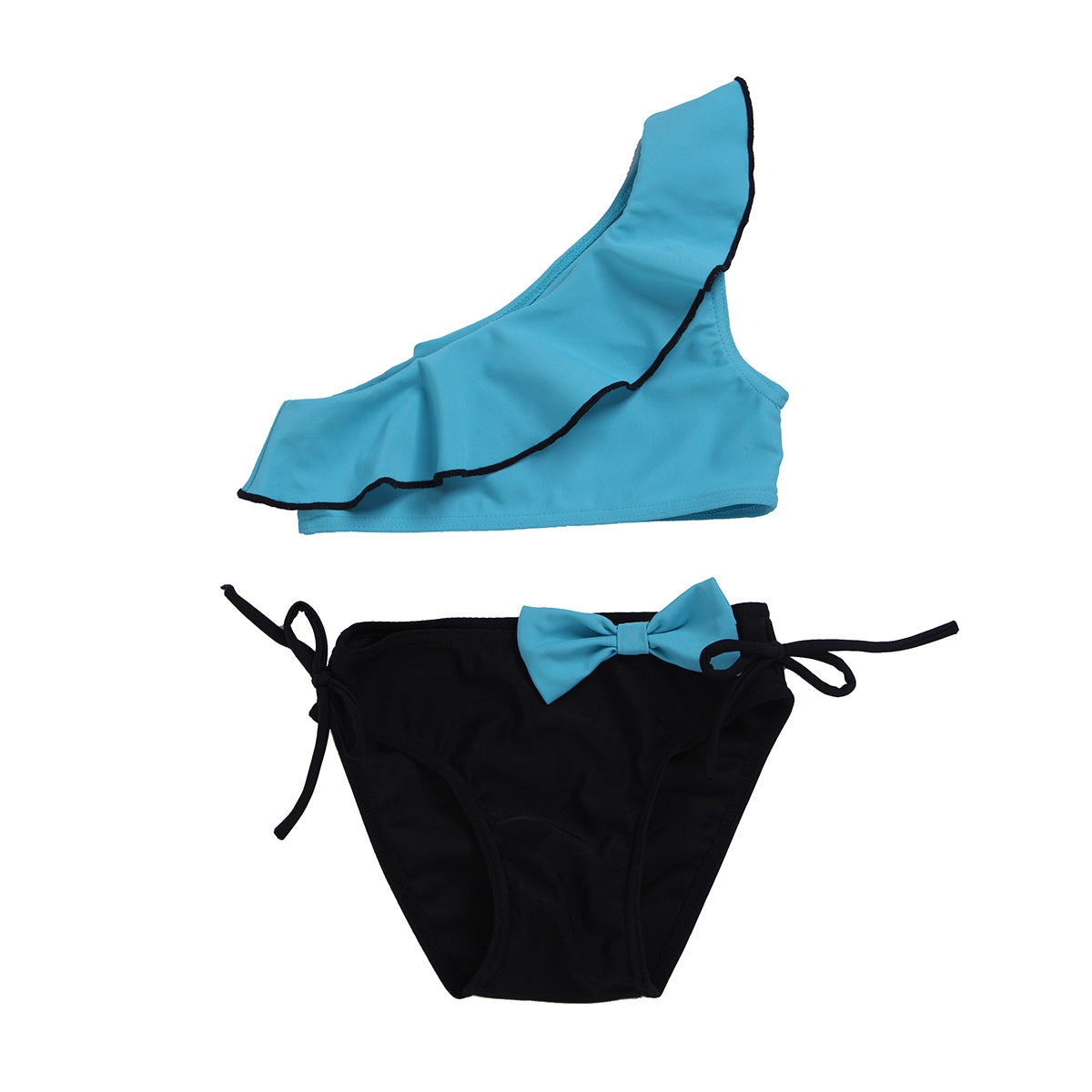 Traje de baño de dos piezas para niñas con volantes en los hombros y lazo, ideal para el verano.