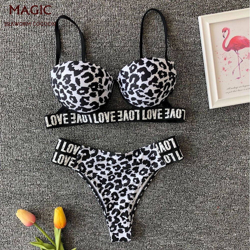 Conjunto de Bikini con Estampado de Leopardo Blanco Sexy para Mujer