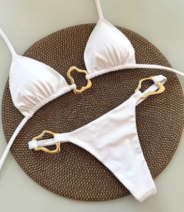 Conjunto de Bikini de Dos Piezas para Mujer de Color Sólido con Detalles Calados