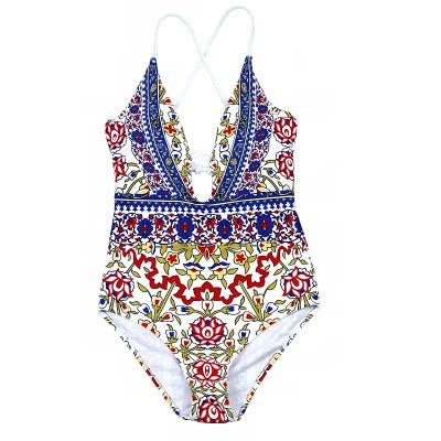 Traje de baño estampado con tirantes ajustables y espalda con lazo.