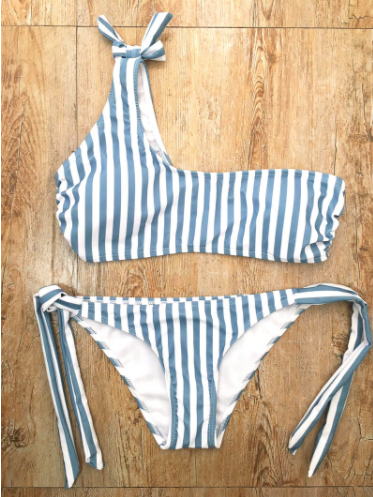 Traje de baño bikini asimétrico azul a rayas, nuevo modelo 2020.