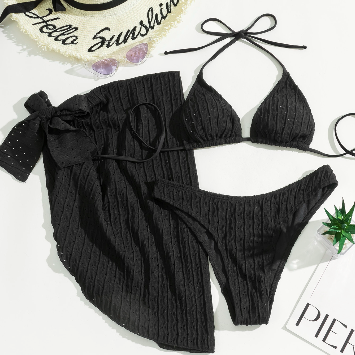 Bikini Sexy Sin Espalda de 3 Piezas para Mujeres con Falda de Malla