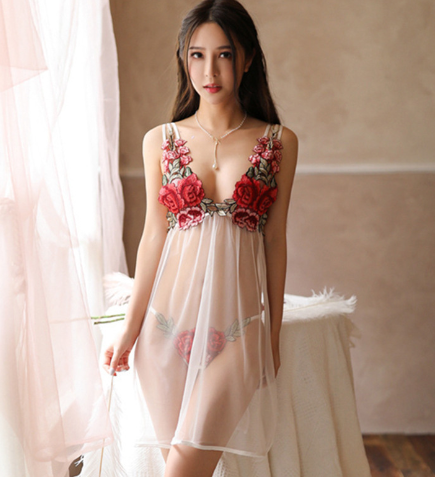 Vestido de baño de malla transparente sin espalda con bordados florales