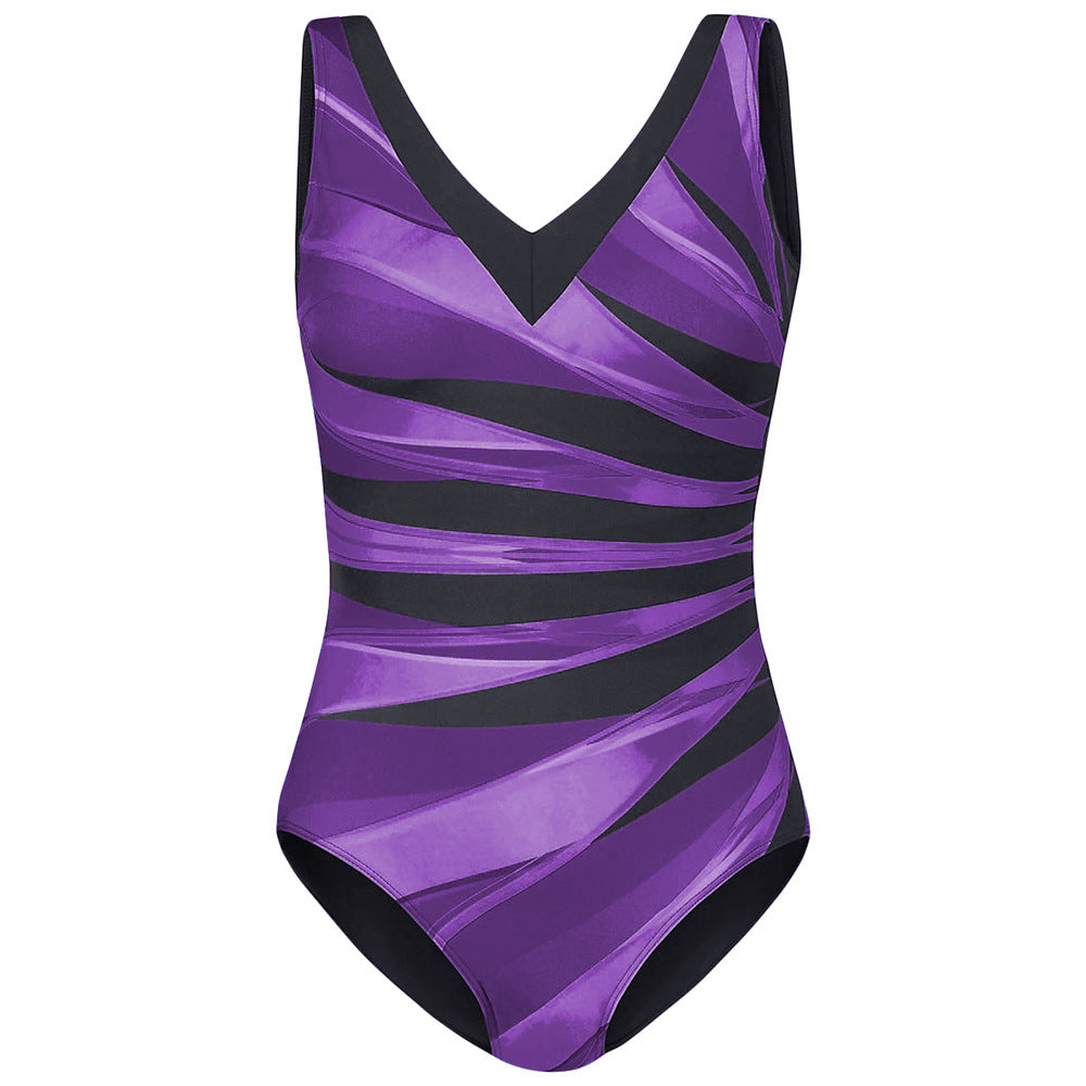 Traje de baño de una pieza con escote en V y rayas, talla grande para mujer.