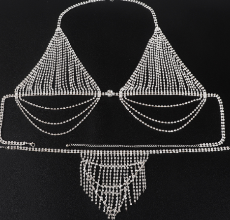 Conjunto de bikini con cadena corporal de pedrería brillante