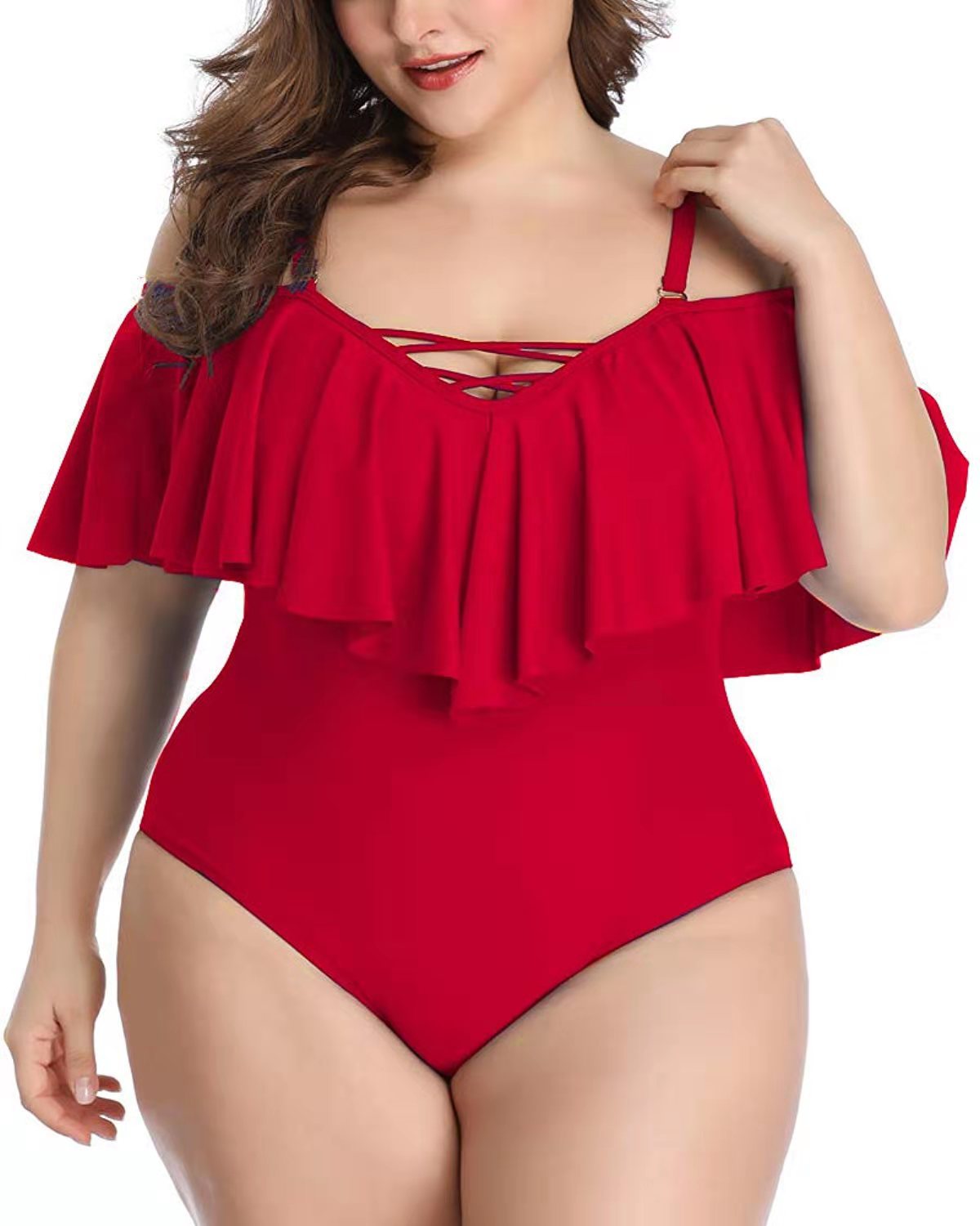 Bikini de talla grande con volantes y diseño cruzado en color liso.
