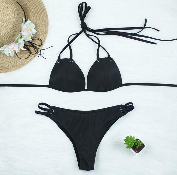 Conjunto de bikini sexy de color liso con tiras para atar