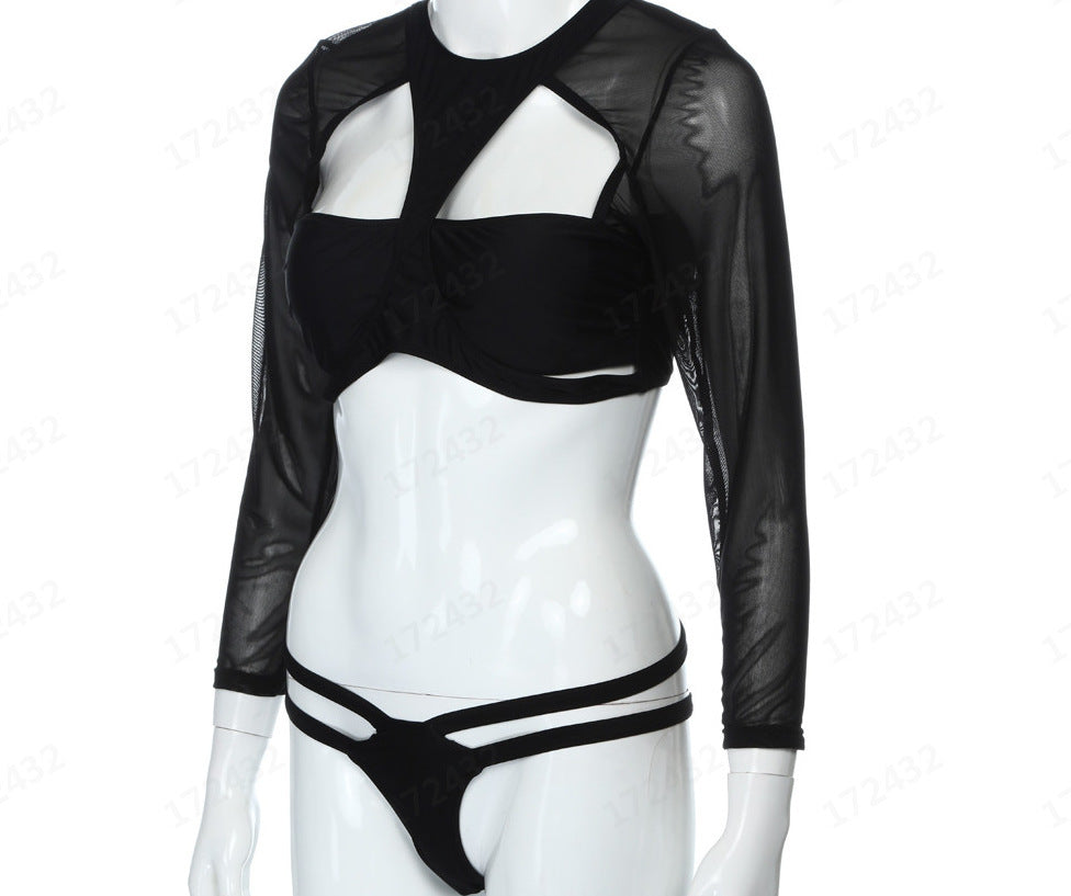 Conjunto de lencería sexy de encaje con traje de baño de manga larga transparente