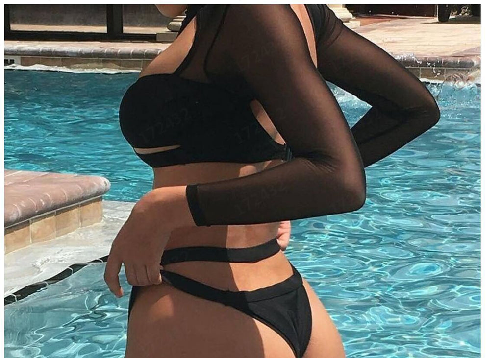 Conjunto de lencería sexy de encaje con traje de baño de manga larga transparente
