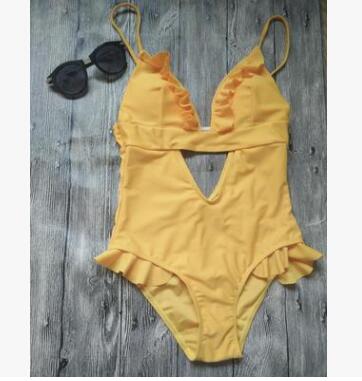 Conjunto de Traje de Baño de Una Pieza y Bikini con Encaje Amarillo