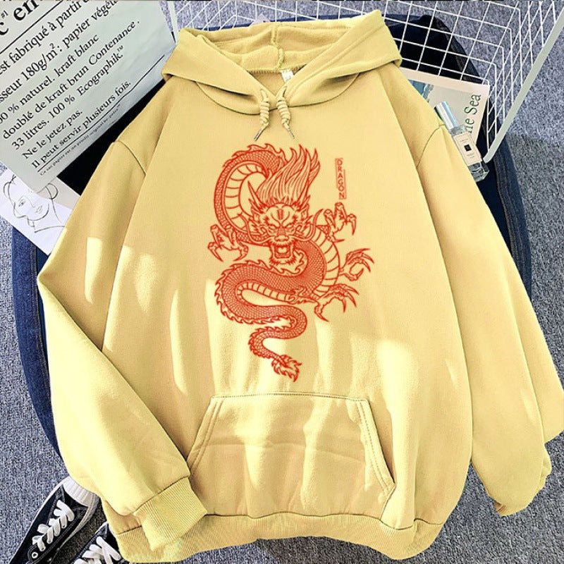 Sudaderas con Capucha para Parejas en Colores de Caramelo con Diseño de Dragón Estampado
