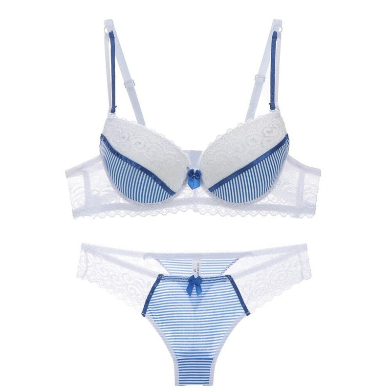 Conjunto de lencería de encaje a rayas con sujetador y bragas.