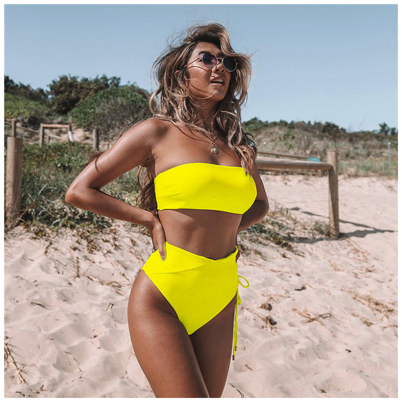 Traje de baño bikini sin tirantes de talle alto, nuevo estilo 2019