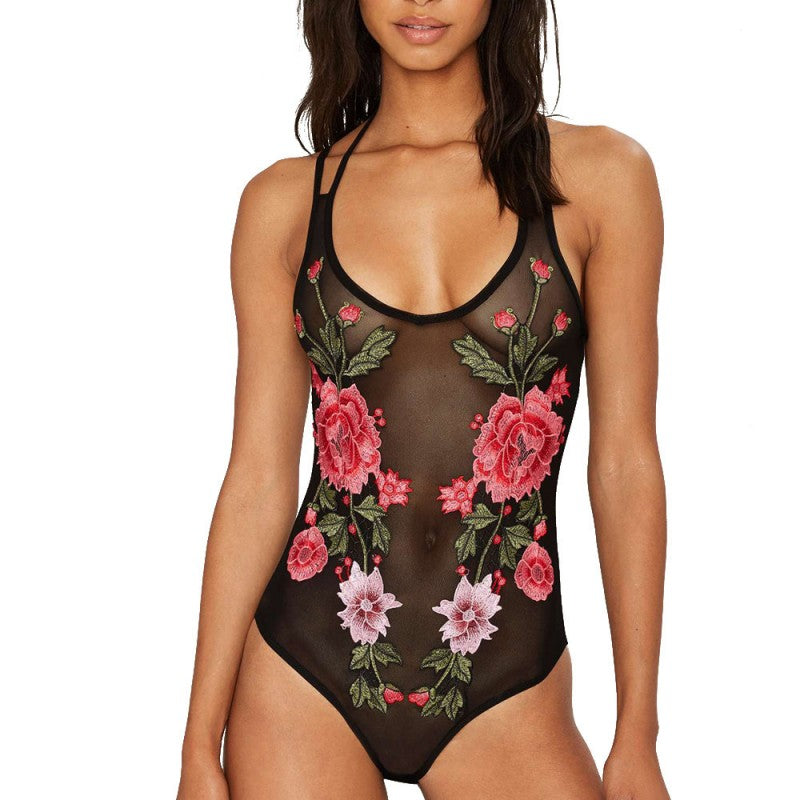 Traje de Baño Enterizo Bordado con Diseño de Flor de Peonía