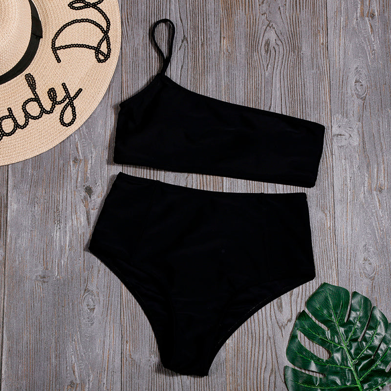Bikini de Cintura Alta en Color Sólido (Estilo Amazon)