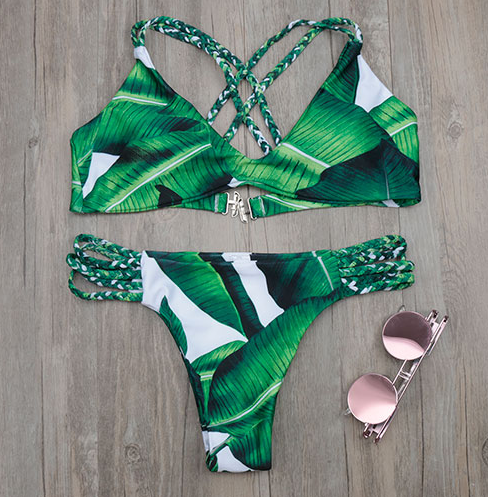 Traje de baño sexy de dos piezas con estampado floral, borlas y lazos.