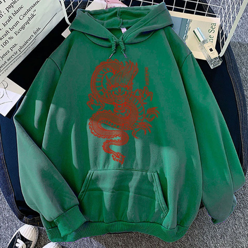 Sudaderas con Capucha para Parejas en Colores de Caramelo con Diseño de Dragón Estampado