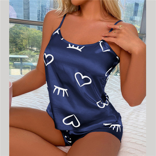 Conjunto de pijama de satén de seda con estampado de corazones (2 piezas)