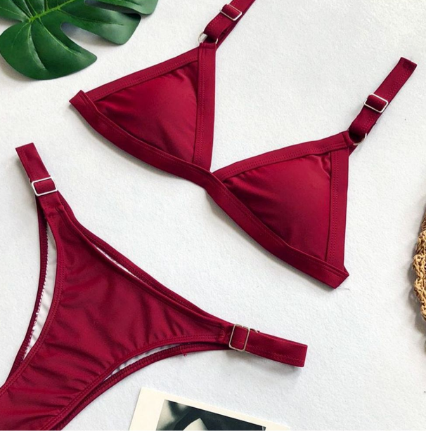 Traje de baño de dos piezas triangular de color liso para mujer