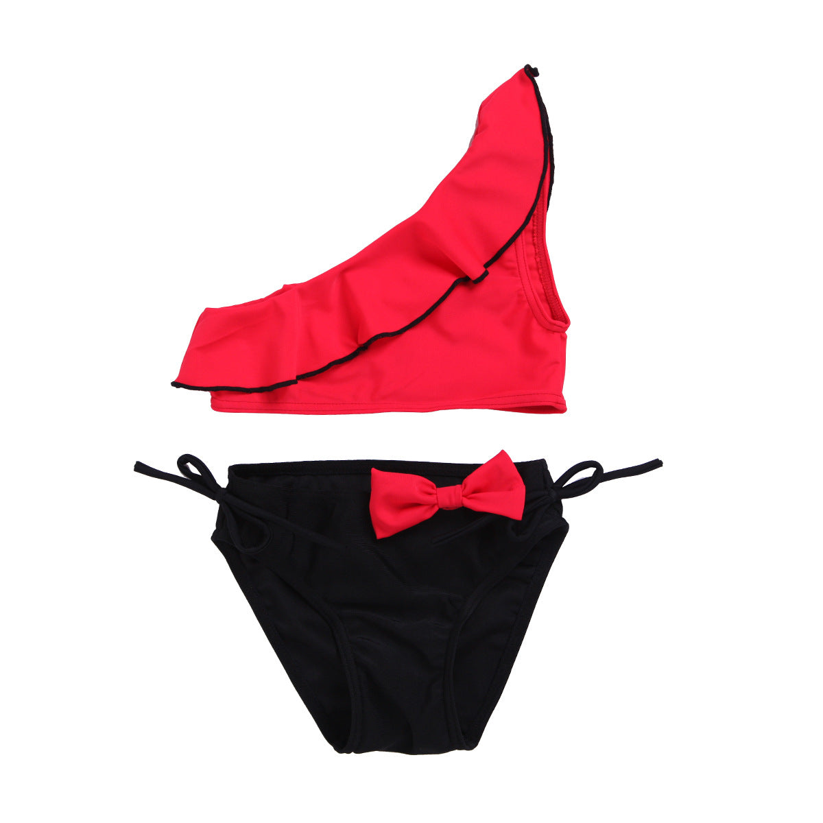 Traje de baño de dos piezas para niñas con volantes en los hombros y lazo, ideal para el verano.