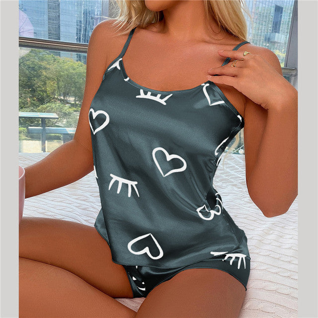 Conjunto de pijama de satén de seda con estampado de corazones (2 piezas)