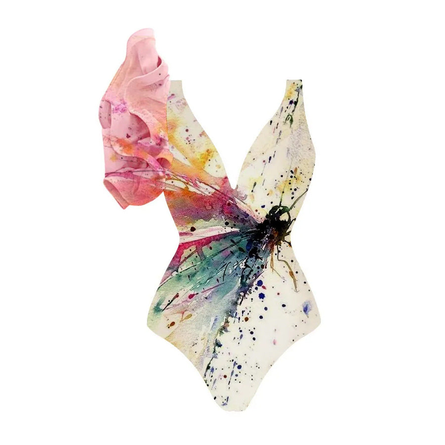 Conjunto de traje de baño asimétrico con volantes y estampado de libélulas.