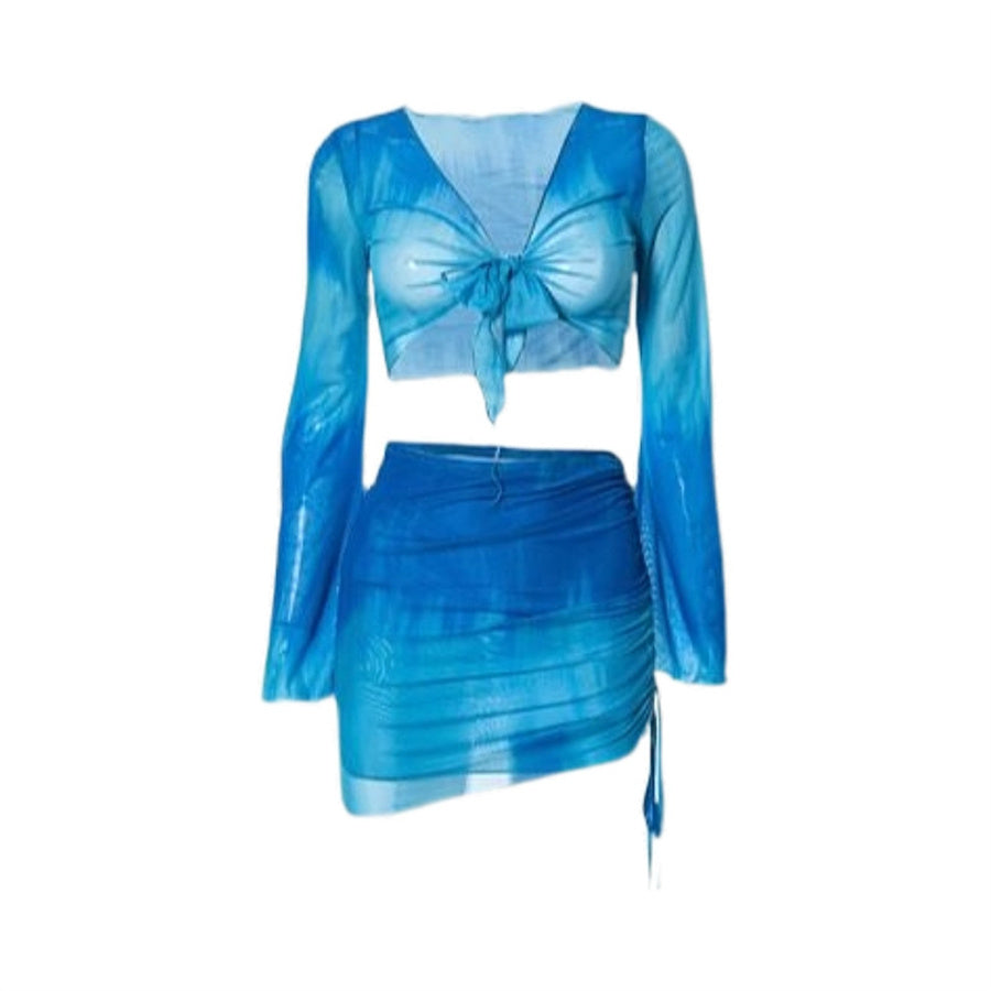 Conjunto de traje de baño de 4 piezas para mujer con estampado tie-dye y falda.
