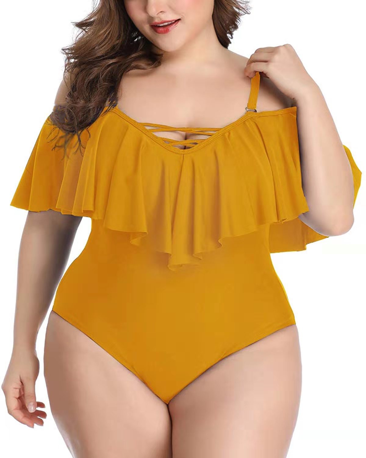 Bikini de talla grande con volantes y diseño cruzado en color liso.