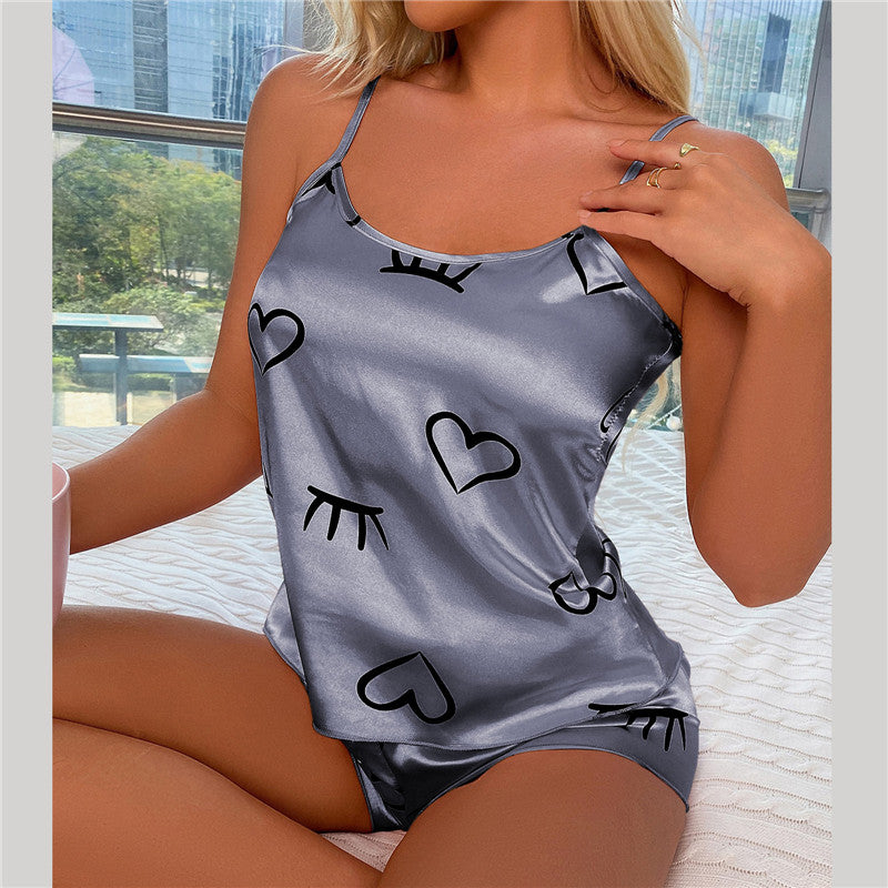 Conjunto de pijama de satén de seda con estampado de corazones (2 piezas)