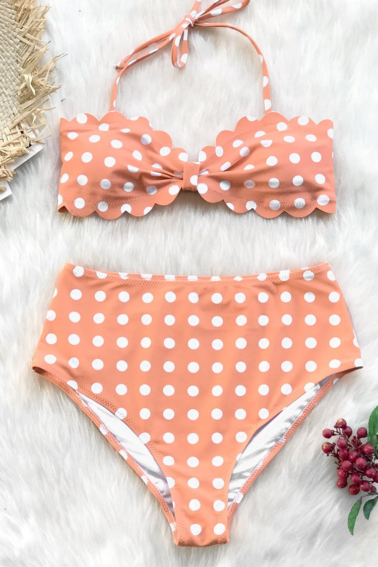 Conjunto de traje de baño de dos piezas con lazo frontal y estampado de lunares
