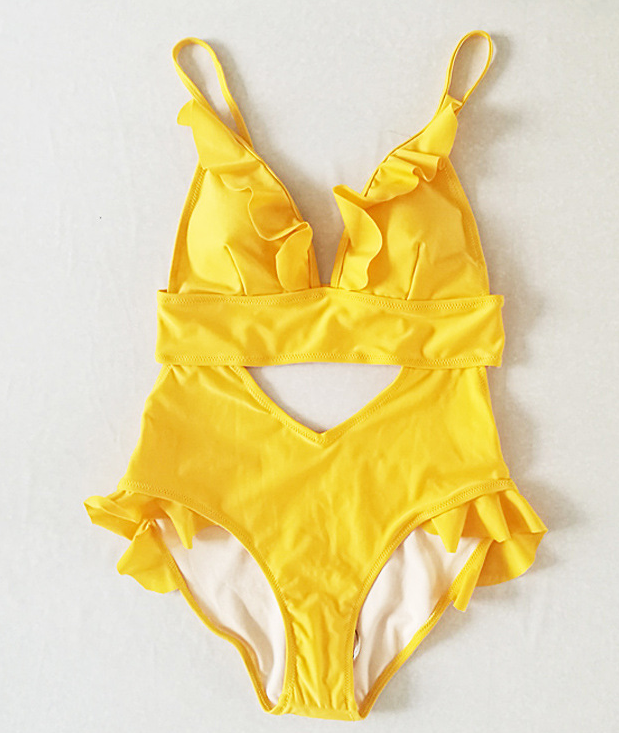 Conjunto de Traje de Baño de Una Pieza y Bikini con Encaje Amarillo