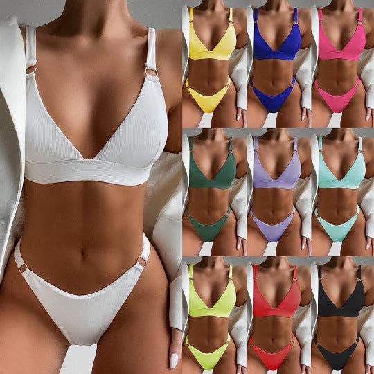 Traje de baño de dos piezas triangular de color liso para mujer