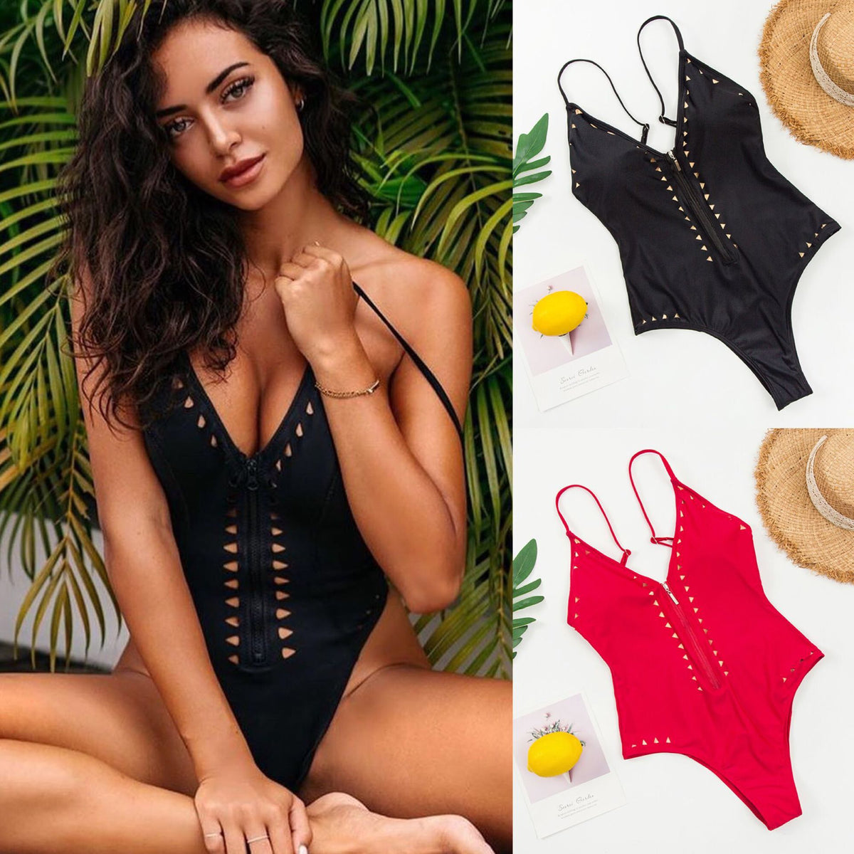 Traje de baño de una pieza sexy con cremallera y aberturas, 3 colores.