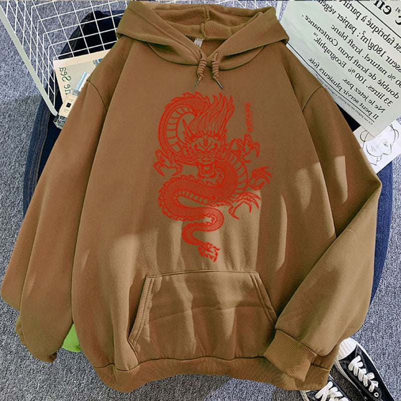 Sudaderas con Capucha para Parejas en Colores de Caramelo con Diseño de Dragón Estampado