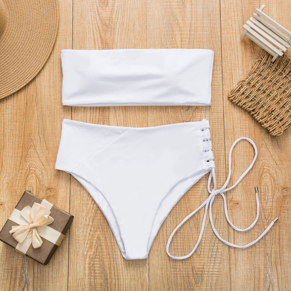 Traje de baño bikini sin tirantes de talle alto, nuevo estilo 2019