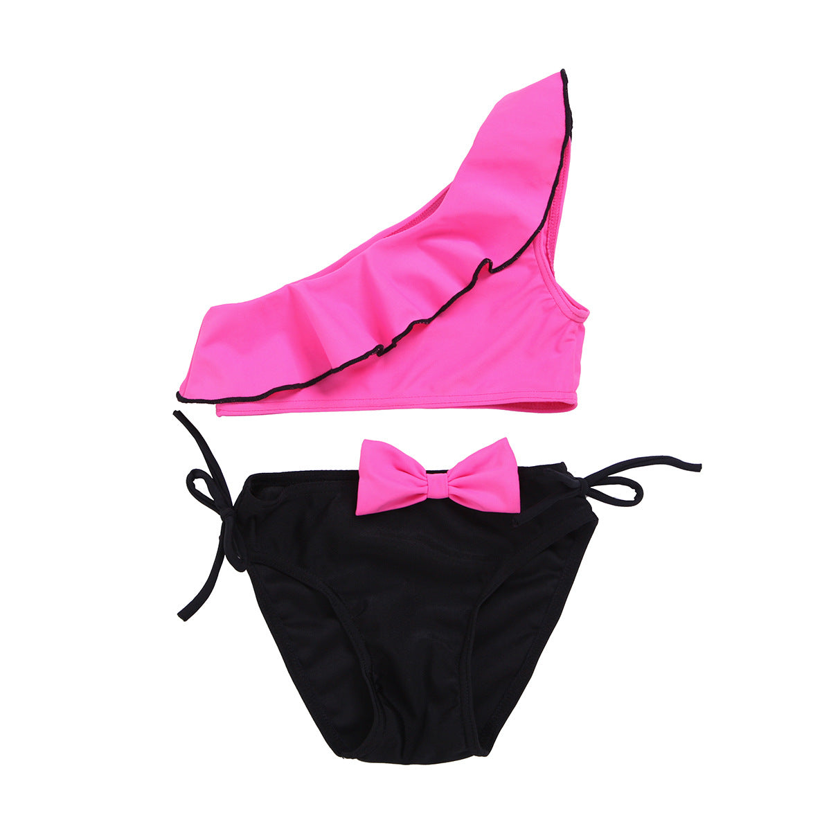 Traje de baño de dos piezas para niñas con volantes en los hombros y lazo, ideal para el verano.