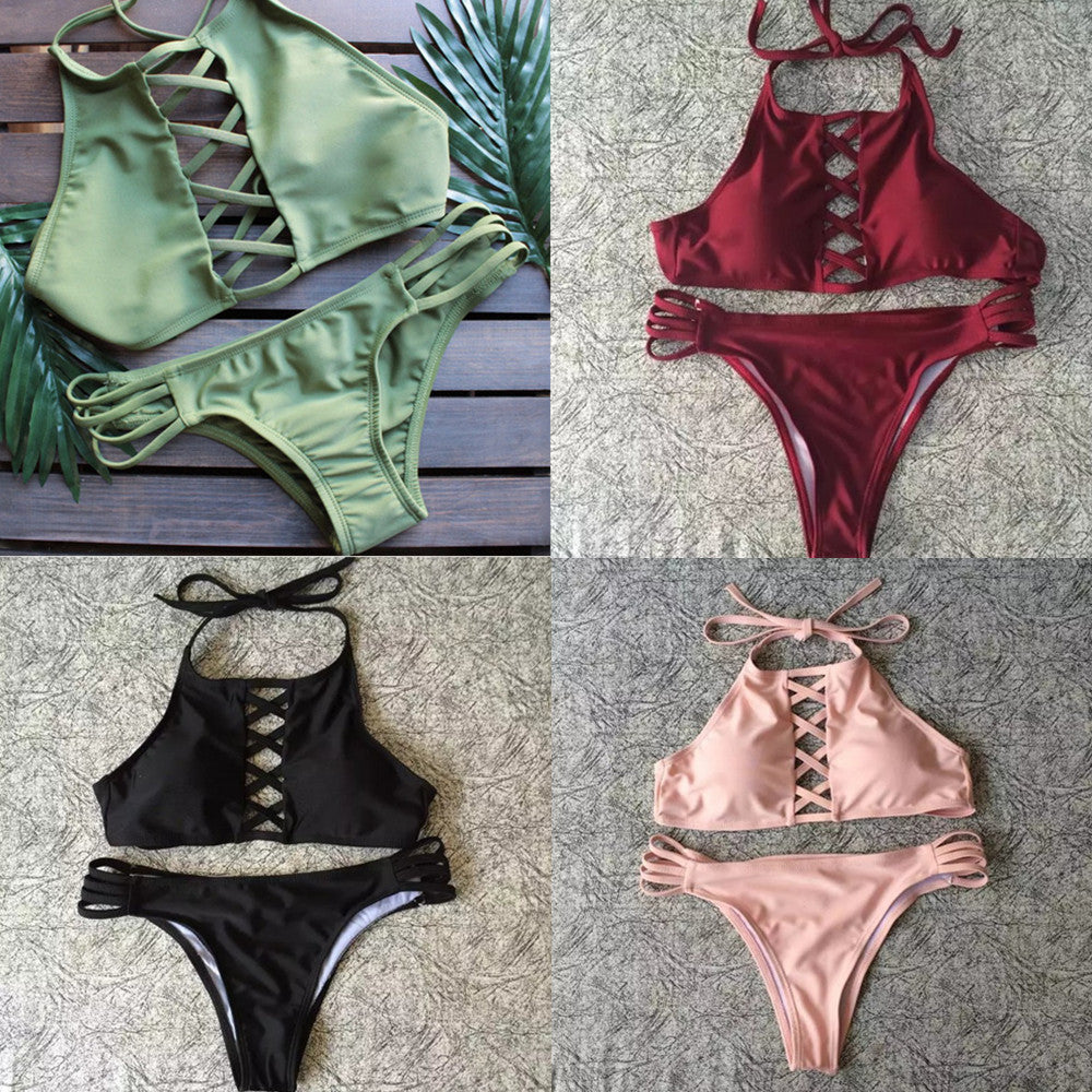 Bikini Elegante de Color Sólido con Diseño de Múltiples Tiras